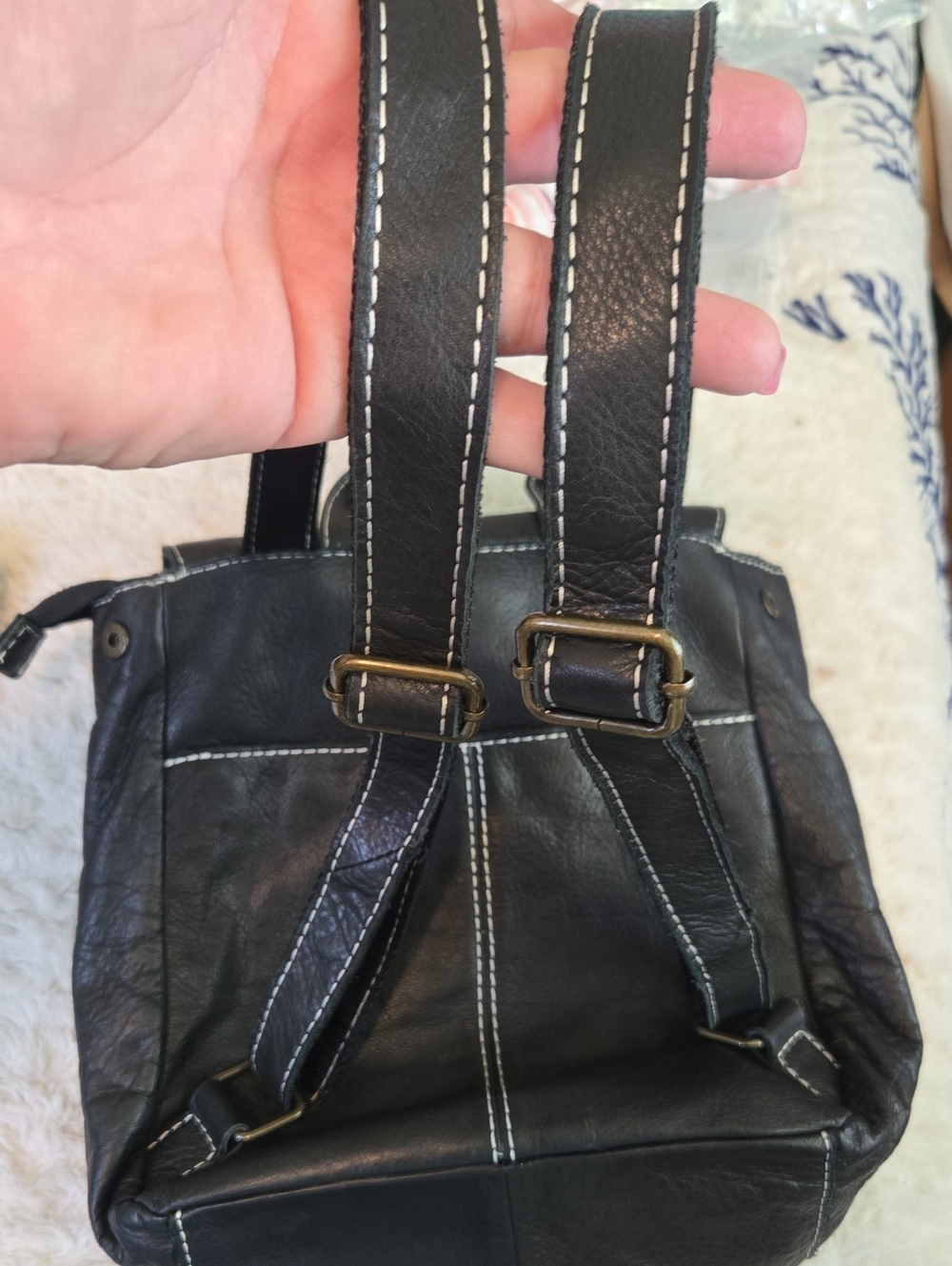 Black Leather Convertible Backpack with Contrast Stitching - Picture 3 of 7